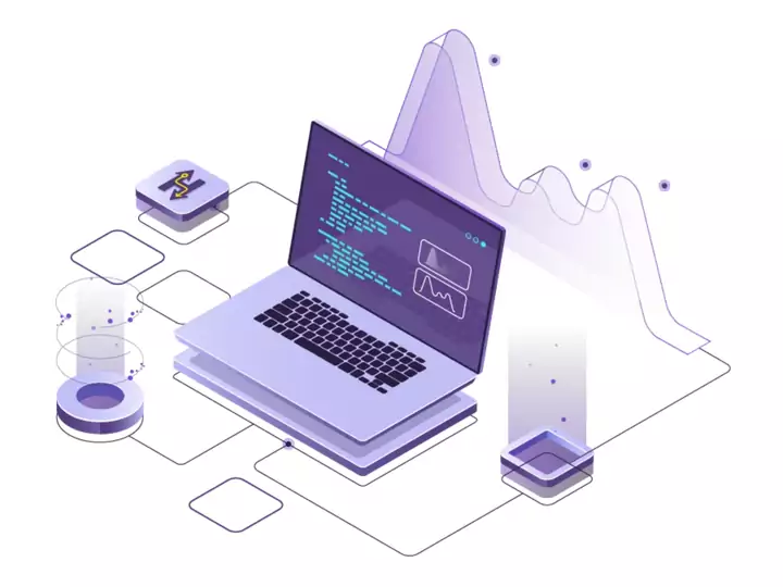 Isometric illustration of a laptop running AI code, surrounded by data pipelines and analytics charts